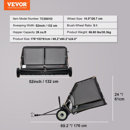 Tow-Behind Lawn Sweeper 1.32m, 26 cu.ft. Capacity, Adjustable Height & Storage