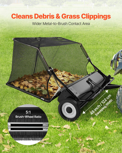 Tow Behind Lawn Sweeper, 122cm Pull Behind Yard Sweeper, 26 cu. ft Hopper Bag Capacity, Leaf & Grass Collector with Dumping Rope, Adjustable Sweeping Height, Garden Sweepers for Lawn Farm
