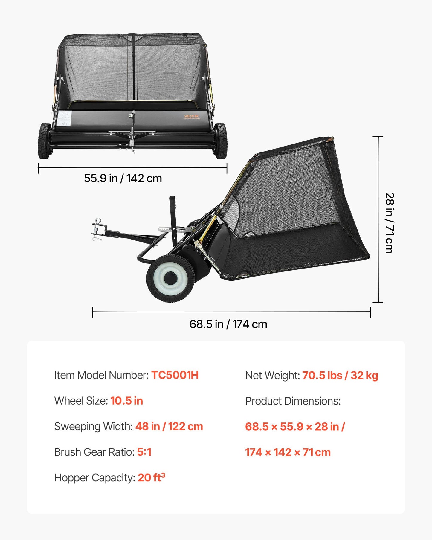 Tow Behind Lawn Sweeper, 122cm Pull Behind Yard Sweeper, 26 cu. ft Hopper Bag Capacity, Leaf & Grass Collector with Dumping Rope, Adjustable Sweeping Height, Garden Sweepers for Lawn Farm