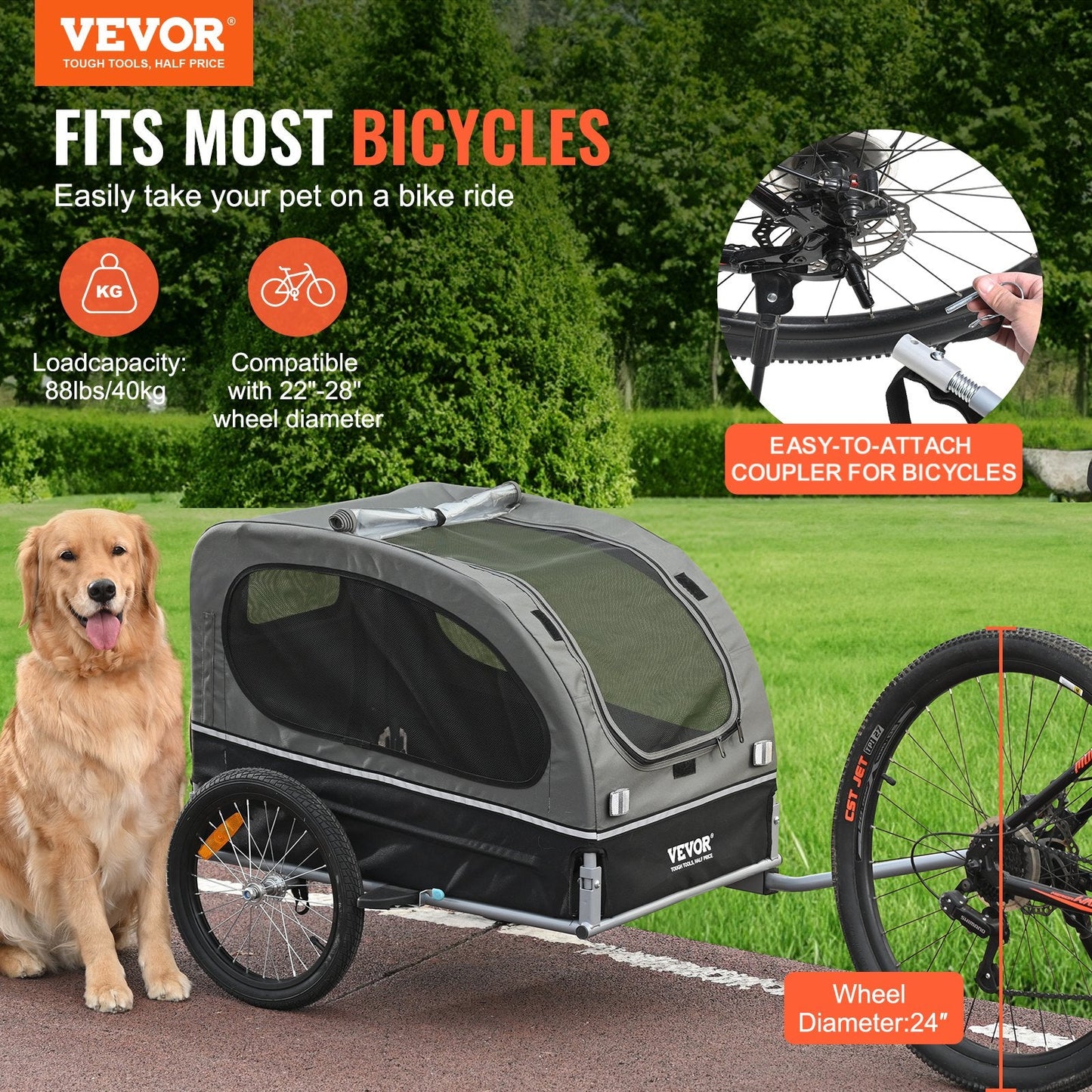 Pet Bicycle Trailer for Dogs, Foldable Design, Supports Up to 40 kg, Black/Gray