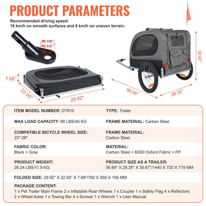 Pet Bicycle Trailer for Dogs, Foldable Design, Supports Up to 40 kg, Black/Gray