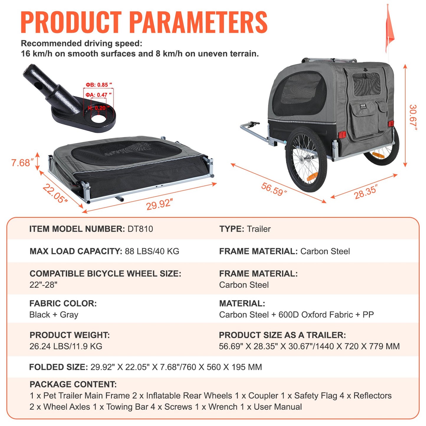 VEVOR Dog Bike Trailer, Supports up to 40 kg, Pet Cart Bicycle Carrier, Easy Folding