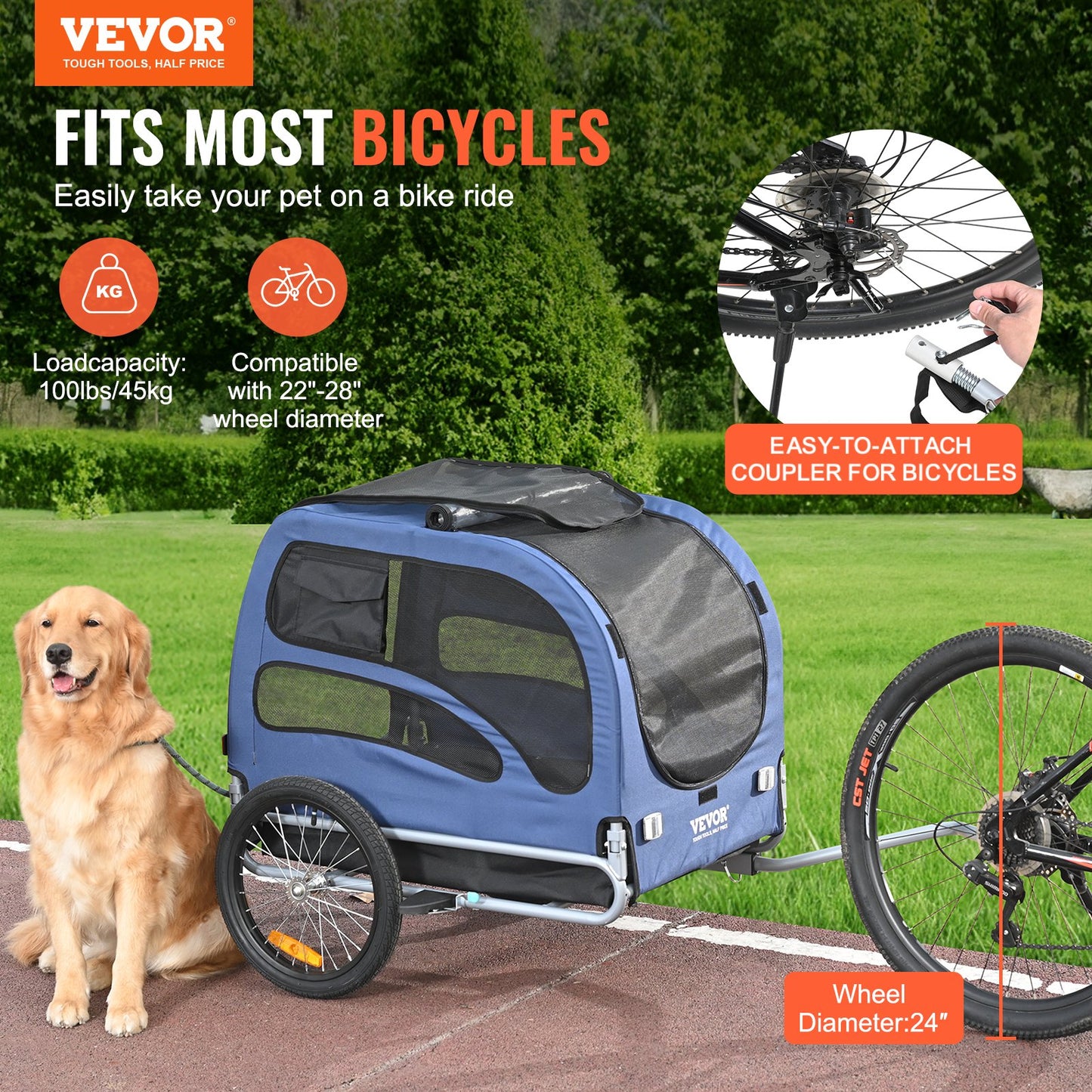 VEVOR Dog Bike Trailer, Supports up to 45 kg, Pet Cart Bicycle Carrier, Easy Folding