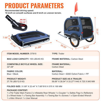 Pet Bike Trailer, 45 kg Capacity, Foldable Dog Carrier with Quick Release Wheels