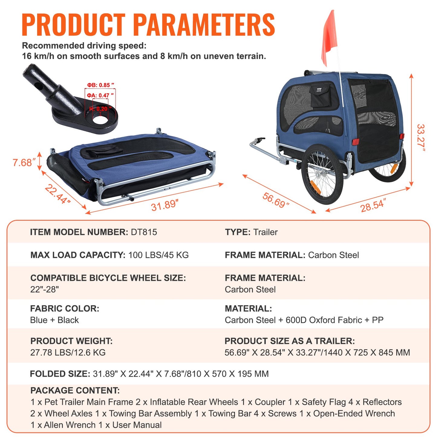 VEVOR Dog Bike Trailer, Supports up to 45 kg, Pet Cart Bicycle Carrier, Easy Folding