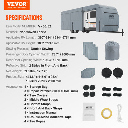 VEVOR Travel Trailer Cover, 9.1-9.8m RV Cover, 4-Layer Non-Woven Fabric Camper Cover,