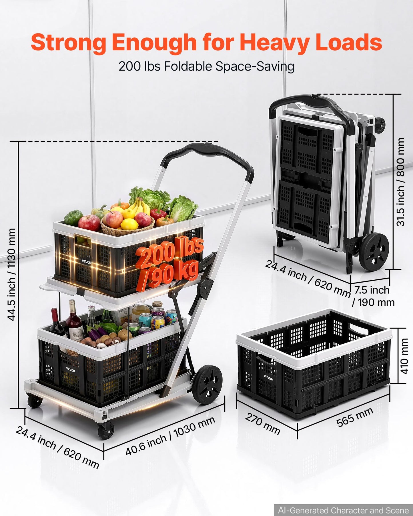 Collapsible Shopping Cart with Wheels Foldable for Grocery Black Gray, 90 kg Capacity Rolling Utility Cart, Storage Crate & Foot Brake, Portable Folding for Groceries, Warehouse, Supermarket