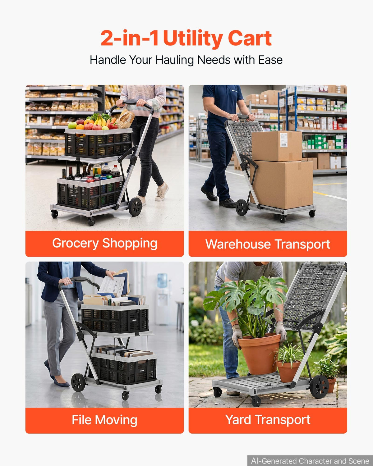 Collapsible Shopping Cart with Wheels Foldable for Grocery Black Gray, 90 kg Capacity Rolling Utility Cart, Storage Crate & Foot Brake, Portable Folding for Groceries, Warehouse, Supermarket