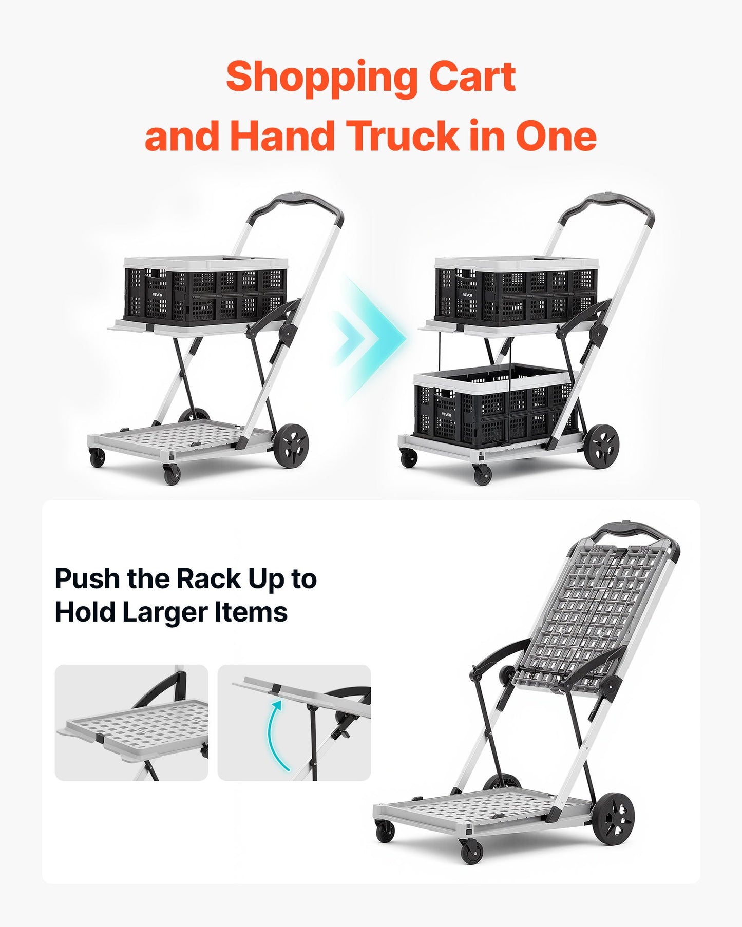 Collapsible Shopping Cart with Wheels Foldable for Grocery Black Gray, 90 kg Capacity Rolling Utility Cart, Storage Crate & Foot Brake, Portable Folding for Groceries, Warehouse, Supermarket