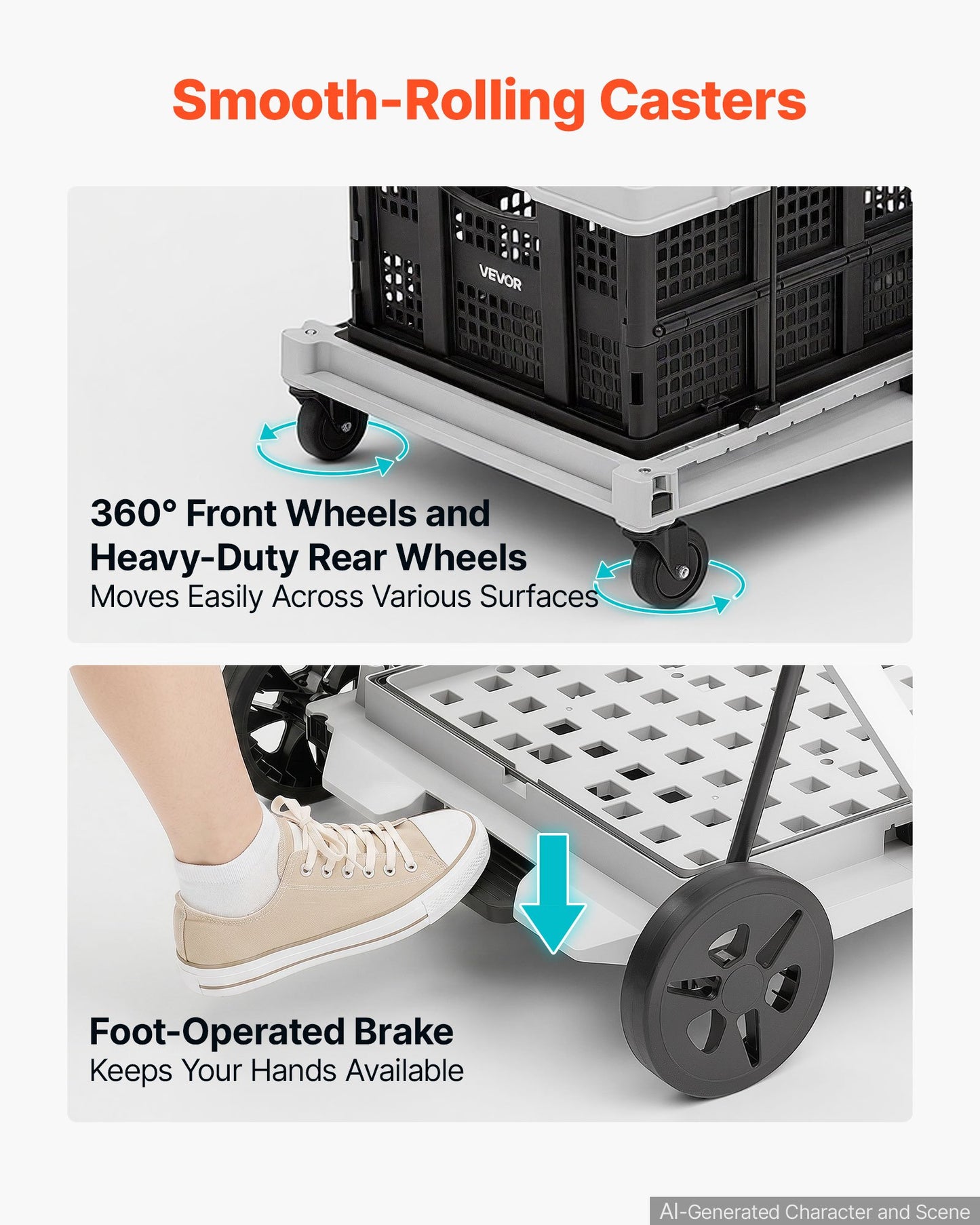Collapsible Shopping Cart with Wheels Foldable for Grocery Black Gray, 90 kg Capacity Rolling Utility Cart, Storage Crate & Foot Brake, Portable Folding for Groceries, Warehouse, Supermarket