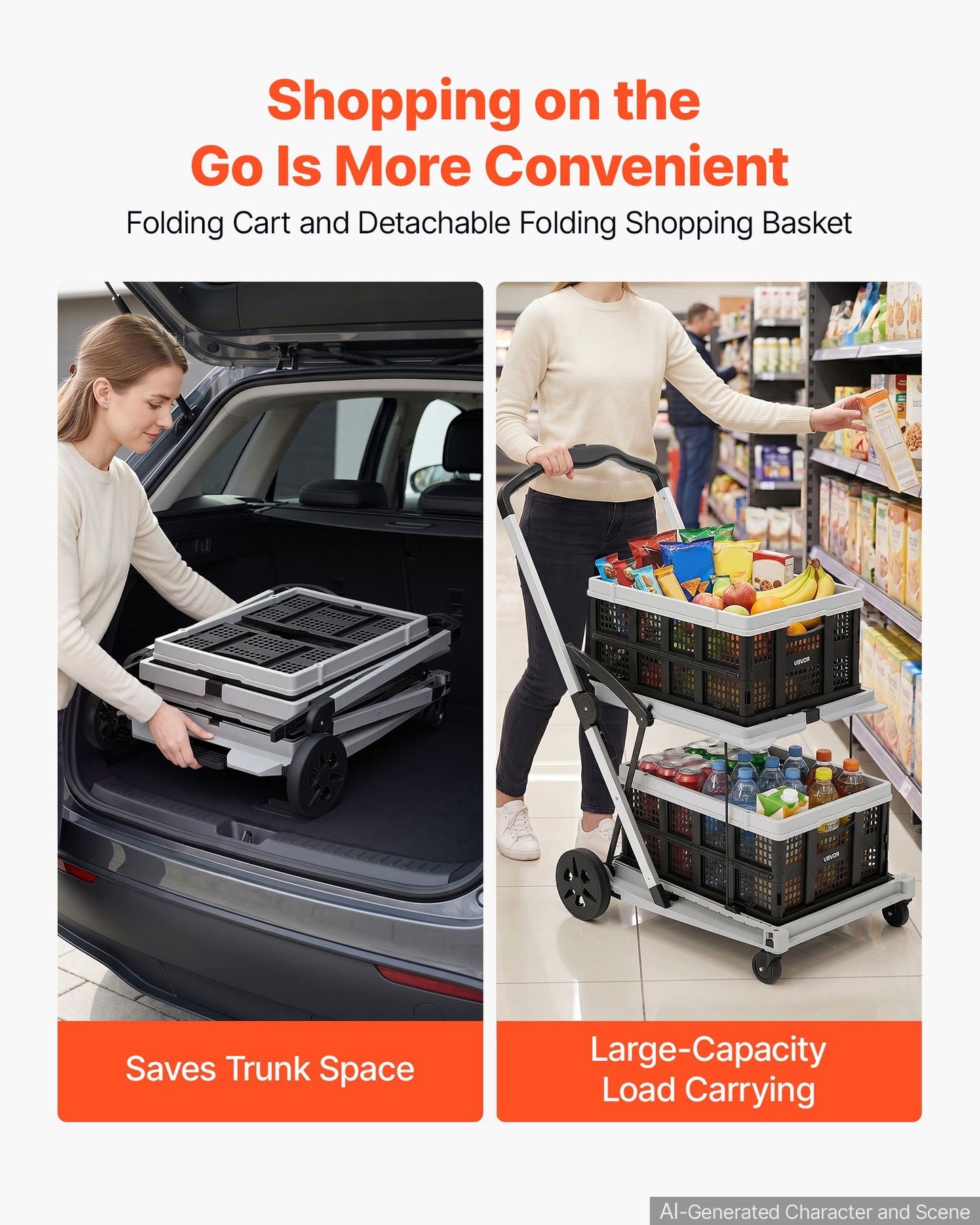 Collapsible Shopping Cart with Wheels Foldable for Grocery Black Gray, 90 kg Capacity Rolling Utility Cart, Storage Crate & Foot Brake, Portable Folding for Groceries, Warehouse, Supermarket