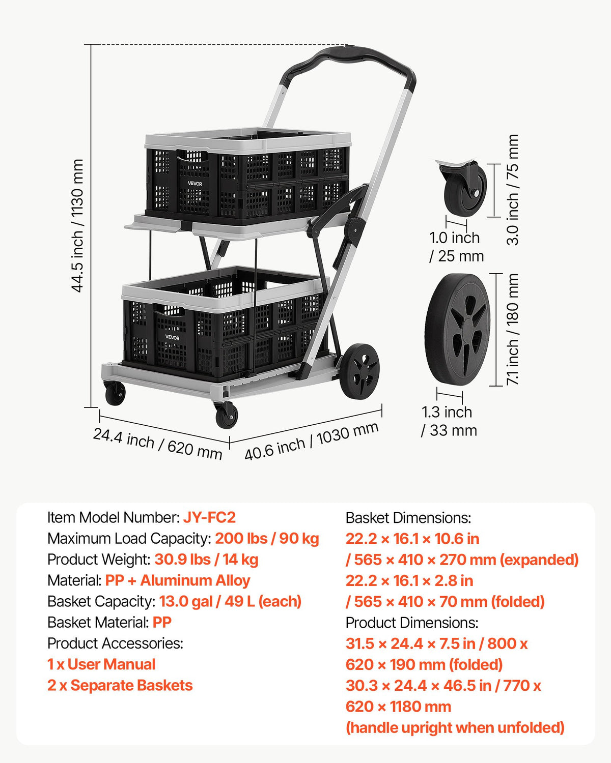 Collapsible Shopping Cart with Wheels Foldable for Grocery Black Gray, 90 kg Capacity Rolling Utility Cart, Storage Crate & Foot Brake, Portable Folding for Groceries, Warehouse, Supermarket