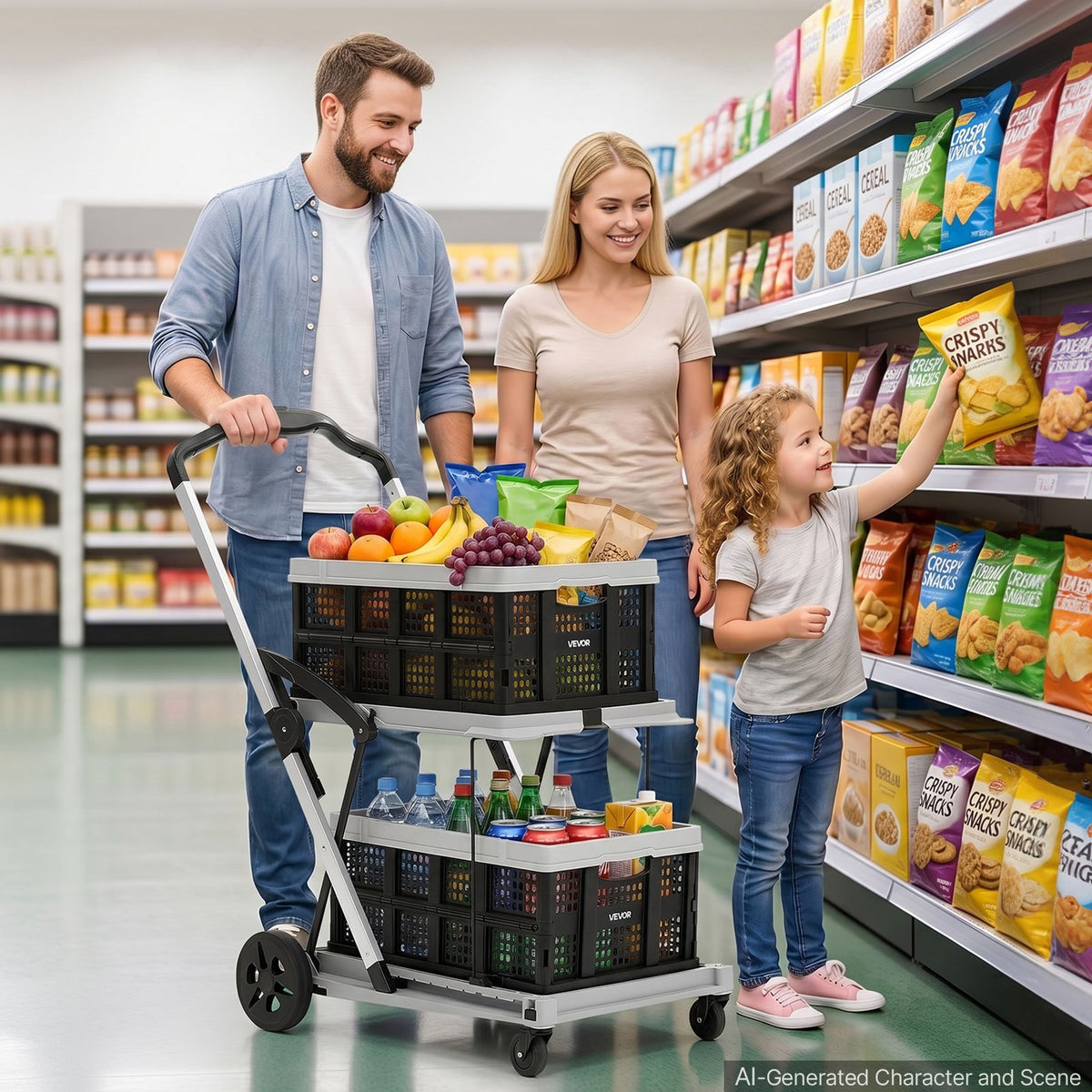 Collapsible Shopping Cart with Wheels Foldable for Grocery Black Gray, 90 kg Capacity Rolling Utility Cart, Storage Crate & Foot Brake, Portable Folding for Groceries, Warehouse, Supermarket