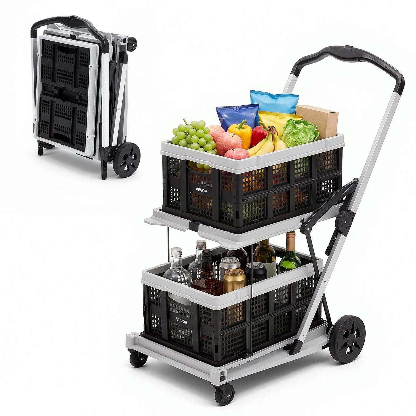 Collapsible Shopping Cart with Wheels Foldable for Grocery Black Gray, 90 kg Capacity Rolling Utility Cart, Storage Crate & Foot Brake, Portable Folding for Groceries, Warehouse, Supermarket