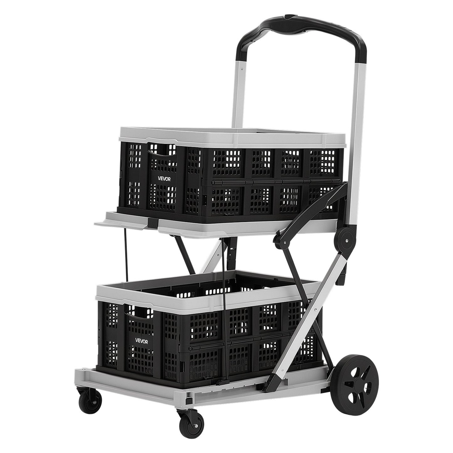 Collapsible Shopping Cart with Wheels Foldable for Grocery Black Gray, 90 kg Capacity Rolling Utility Cart, Storage Crate & Foot Brake, Portable Folding for Groceries, Warehouse, Supermarket