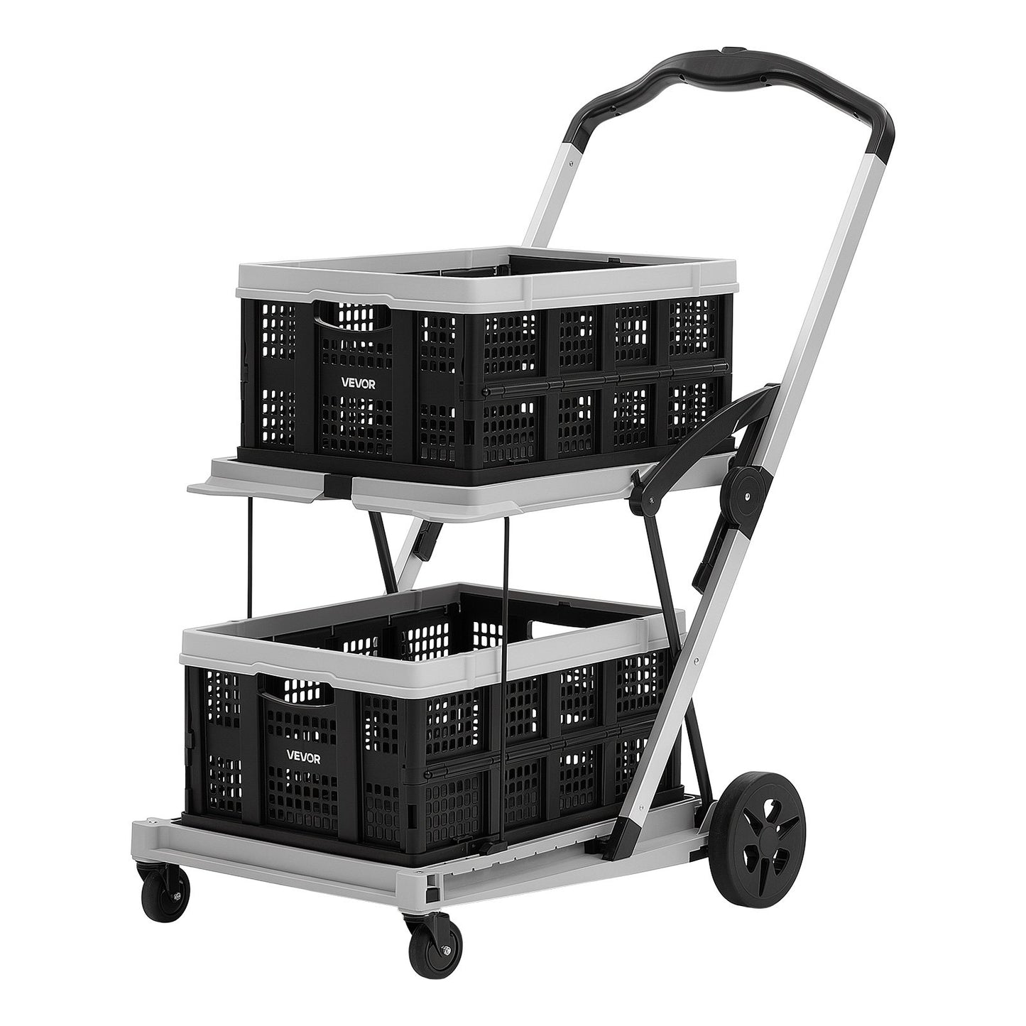 Collapsible Shopping Cart with Wheels Foldable for Grocery Black Gray, 90 kg Capacity Rolling Utility Cart, Storage Crate & Foot Brake, Portable Folding for Groceries, Warehouse, Supermarket