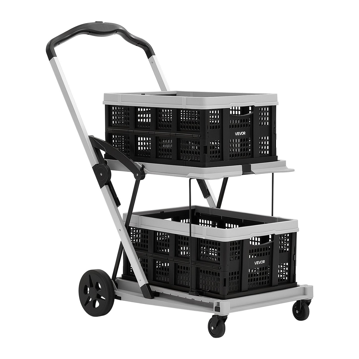 Collapsible Shopping Cart with Wheels Foldable for Grocery Black Gray, 90 kg Capacity Rolling Utility Cart, Storage Crate & Foot Brake, Portable Folding for Groceries, Warehouse, Supermarket