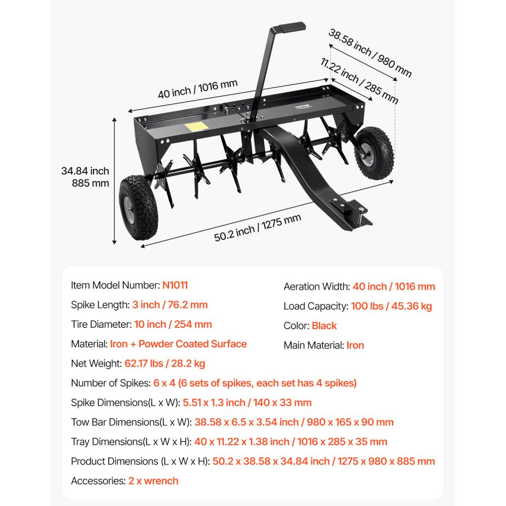 VEVOR 101.6 cm Tow Behind Plug Aerator with Universal Hitch Pull Behind Aerator