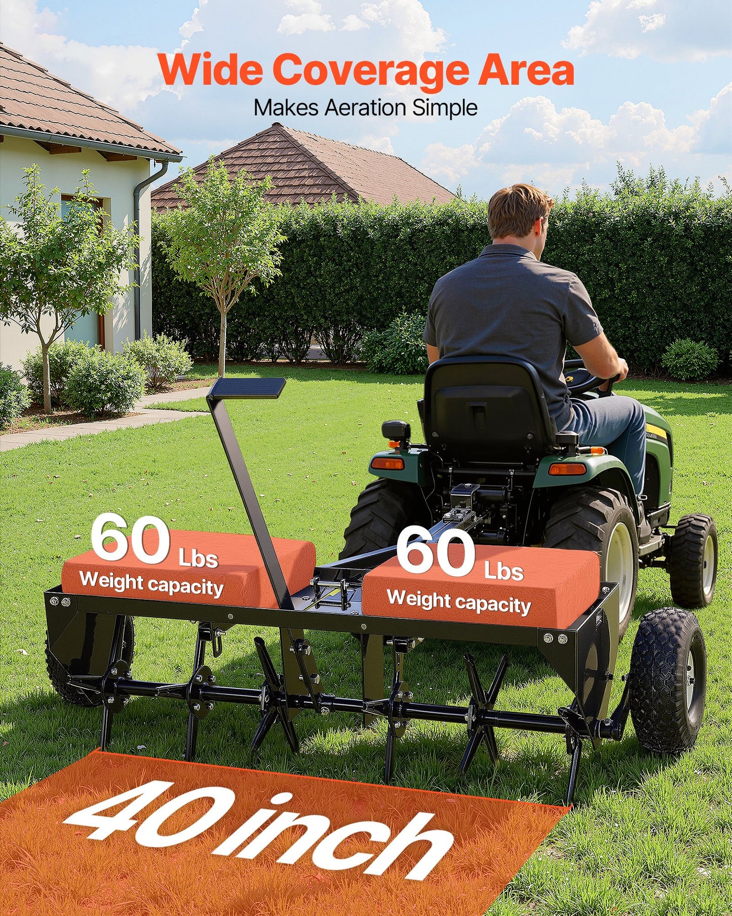 Tow Behind Plug Aerator, 40 in Lawn Core Aerator Tool Universal Hitch, 120lbs Weight Capacity, Heavy Duty  & Rust-Resistant, Pull Behind Spike Aerators with Tray for Farmland & Garden Tractors