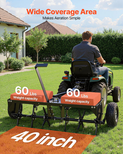 Tow Behind Plug Aerator, 40 in Lawn Core Aerator Tool Universal Hitch, 120lbs Weight Capacity, Heavy Duty  & Rust-Resistant, Pull Behind Spike Aerators with Tray for Farmland & Garden Tractors