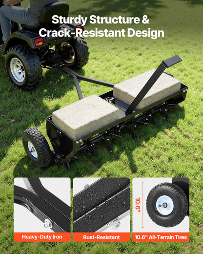 Tow Behind Plug Aerator, 40 in Lawn Core Aerator Tool Universal Hitch, 120lbs Weight Capacity, Heavy Duty  & Rust-Resistant, Pull Behind Spike Aerators with Tray for Farmland & Garden Tractors