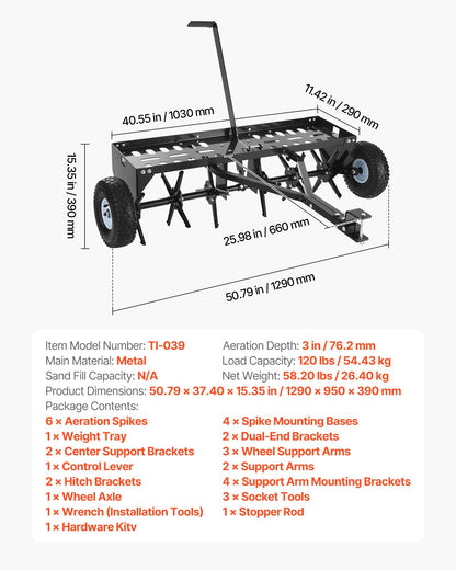 Tow Behind Plug Aerator, 40 in Lawn Core Aerator Tool Universal Hitch, 120lbs Weight Capacity, Heavy Duty  & Rust-Resistant, Pull Behind Spike Aerators with Tray for Farmland & Garden Tractors