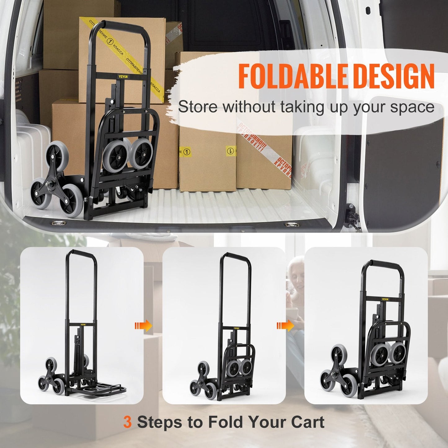 Heavy-Duty Stair Climbing Cart, 170 kg Capacity, Foldable with Adjustable Handle