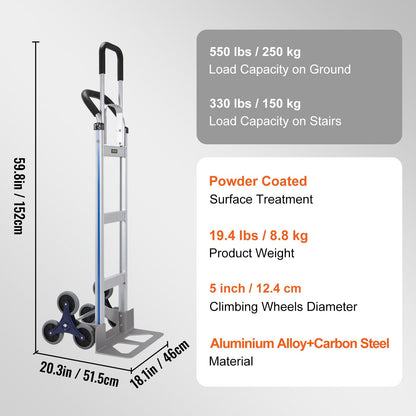 Heavy-Duty Stair Climbing Cart, 250 kg Capacity, Aluminum Frame & Dual Handles