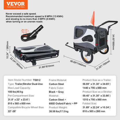 2-in-1 Pet Bike Trailer & Stroller, Supports Up to 45 kg, Quick Release Wheels