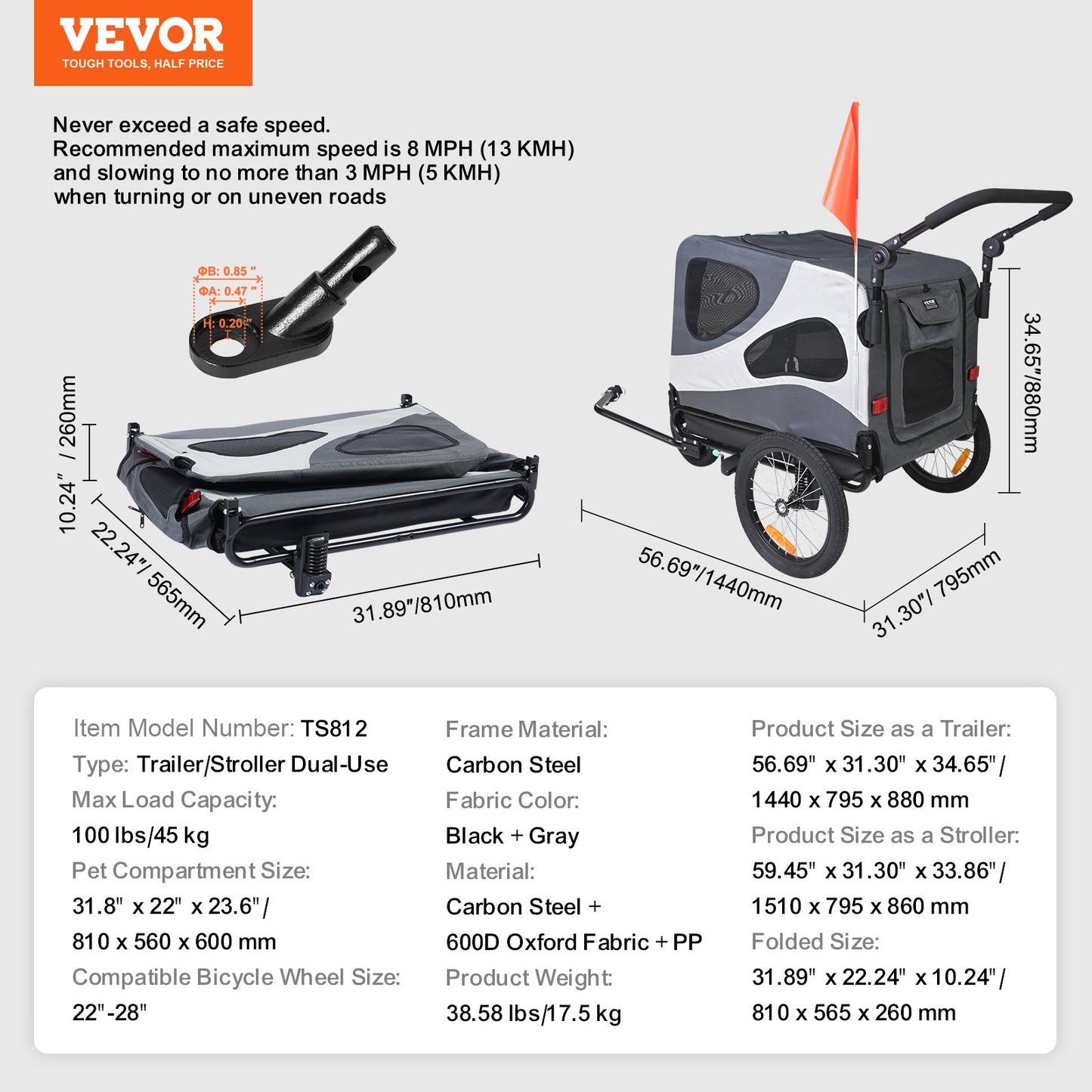 VEVOR Dog Bike Trailer, Supports up to 45 kg, 2-in-1 Pet Stroller Cart Bicycle Carrier,