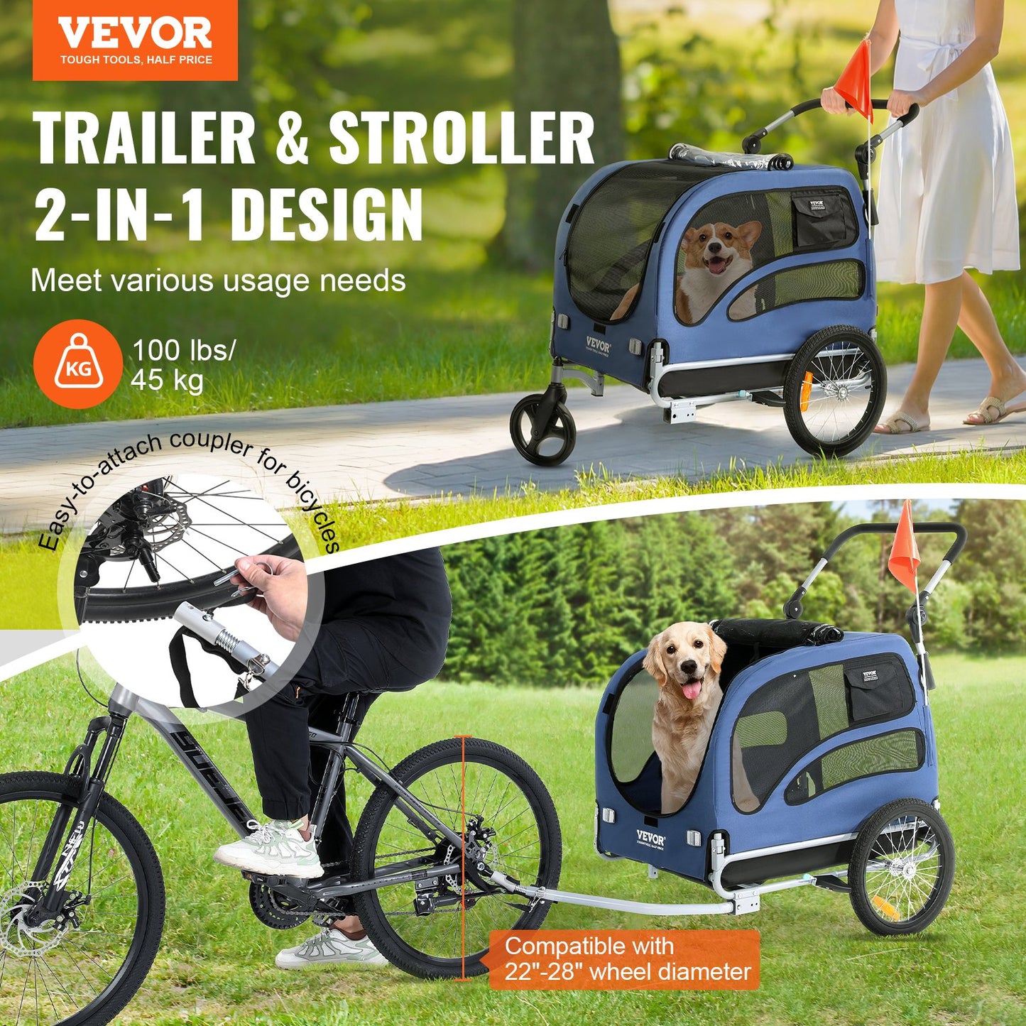 VEVOR Dog Bike Trailer, Supports up to 45 kg, 2-in-1 Pet Stroller Cart Bicycle Carrier,