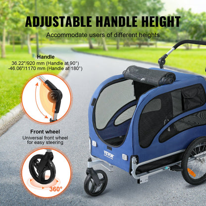 VEVOR Dog Bike Trailer, Supports up to 45 kg, 2-in-1 Pet Stroller Cart Bicycle Carrier,