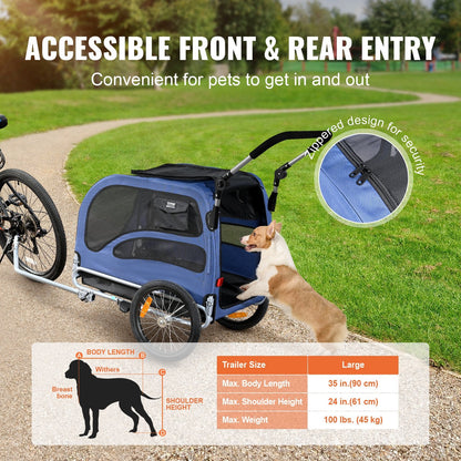 2-in-1 Dog Bike Trailer & Stroller, Supports 45 kg, Quick-Fold Design, Blue/Black