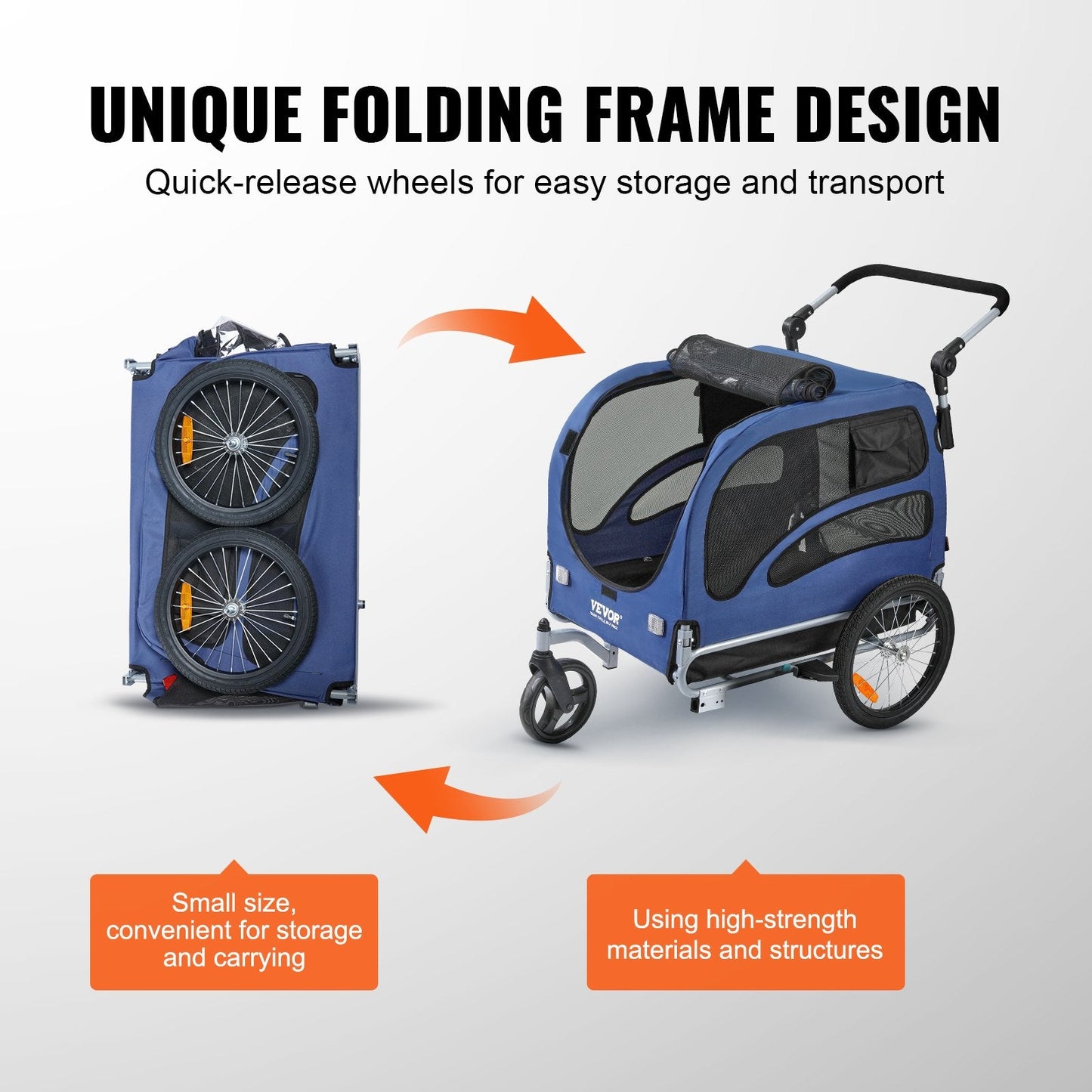 2-in-1 Dog Bike Trailer & Stroller, Supports 45 kg, Quick-Fold Design, Blue/Black