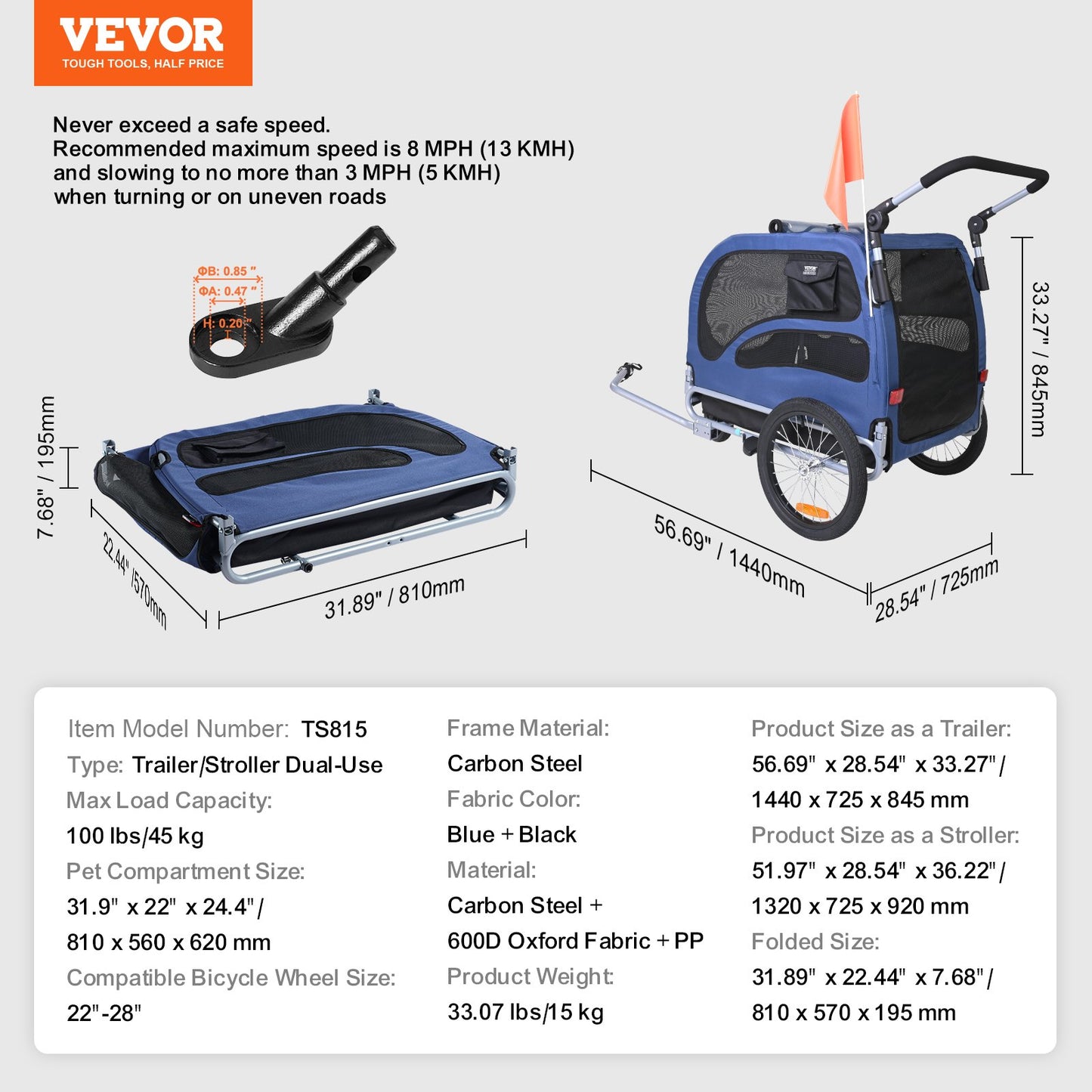 VEVOR Dog Bike Trailer, Supports up to 45 kg, 2-in-1 Pet Stroller Cart Bicycle Carrier,