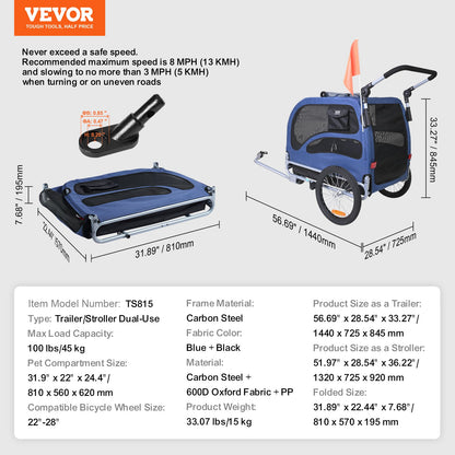 VEVOR Dog Bike Trailer, Supports up to 45 kg, 2-in-1 Pet Stroller Cart Bicycle Carrier,