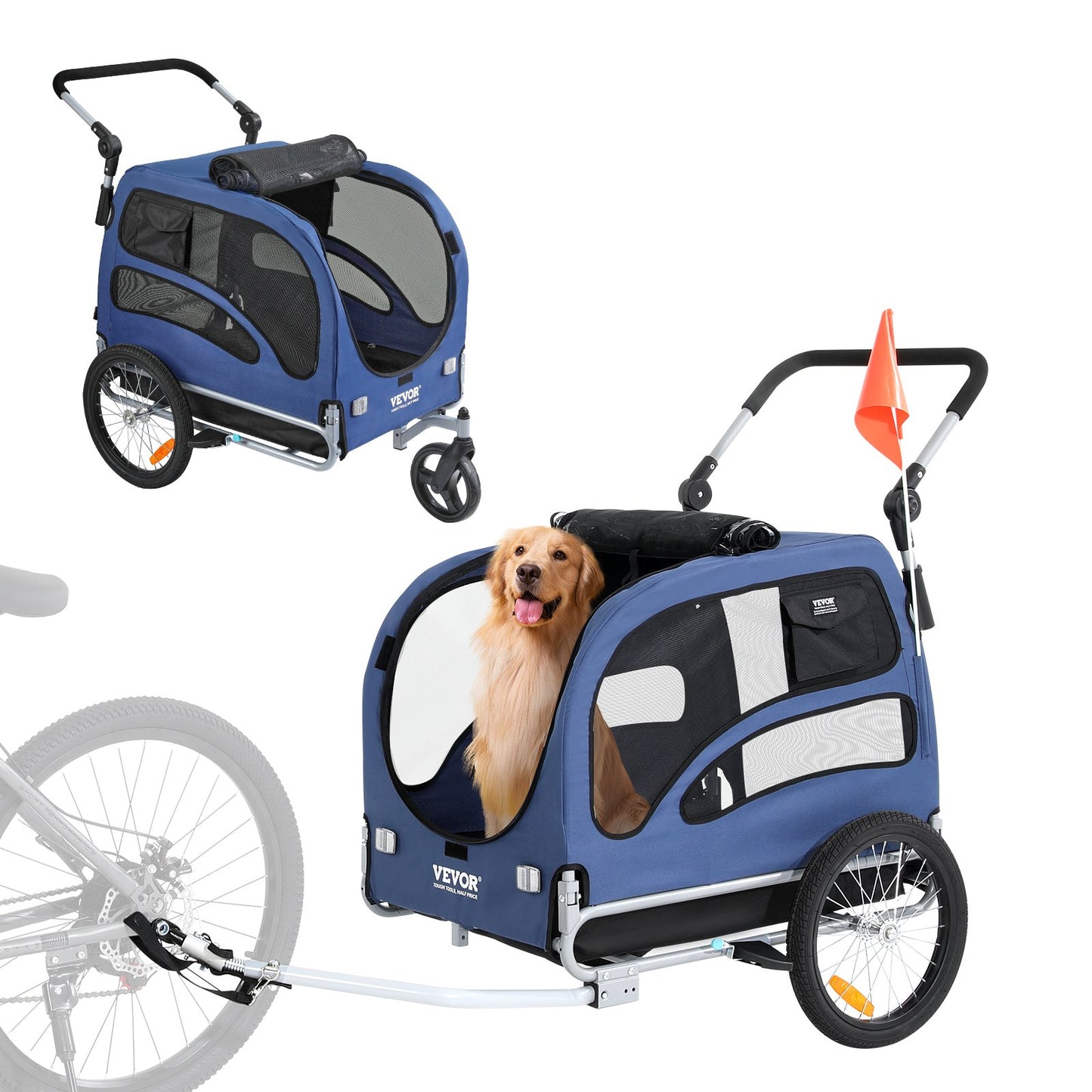 VEVOR Dog Bike Trailer, Supports up to 45 kg, 2-in-1 Pet Stroller Cart Bicycle Carrier,