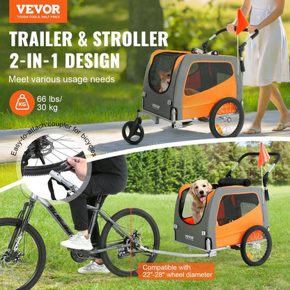 2-in-1 Dog Stroller & Bike Trailer, Carbon Steel, Supports Up to 30 kg, Orange/Gray