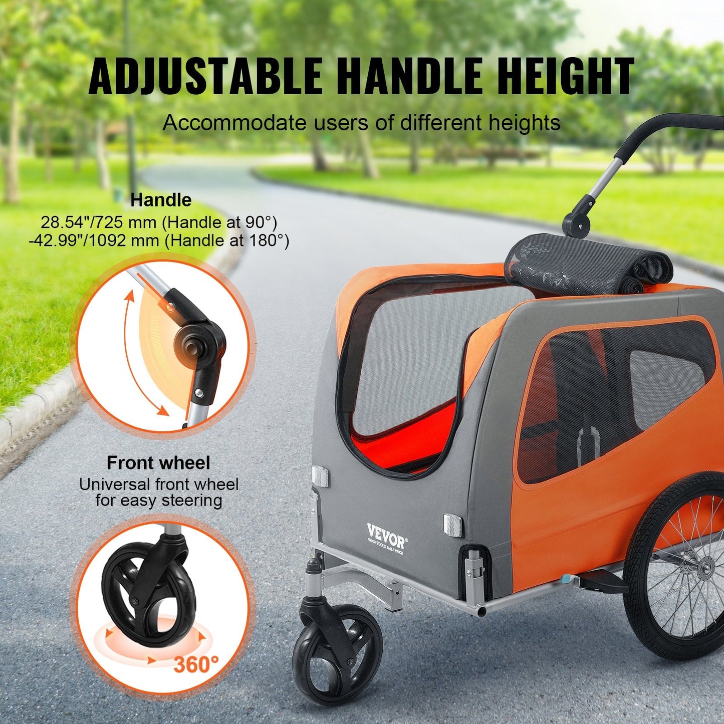 2-in-1 Dog Stroller & Bike Trailer, Carbon Steel, Supports Up to 30 kg, Orange/Gray