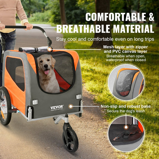 2-in-1 Dog Stroller & Bike Trailer, Carbon Steel, Supports Up to 30 kg, Orange/Gray