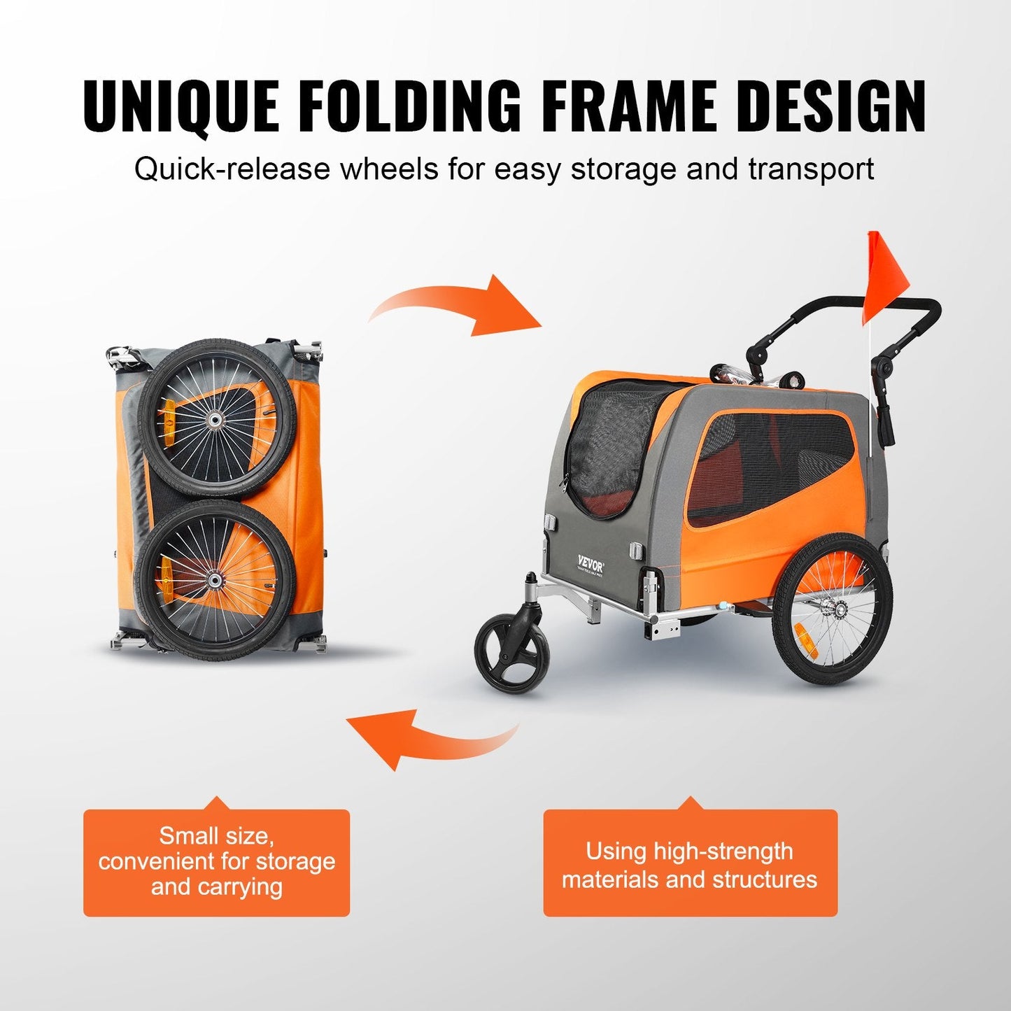 2-in-1 Dog Stroller & Bike Trailer, Carbon Steel, Supports Up to 30 kg, Orange/Gray