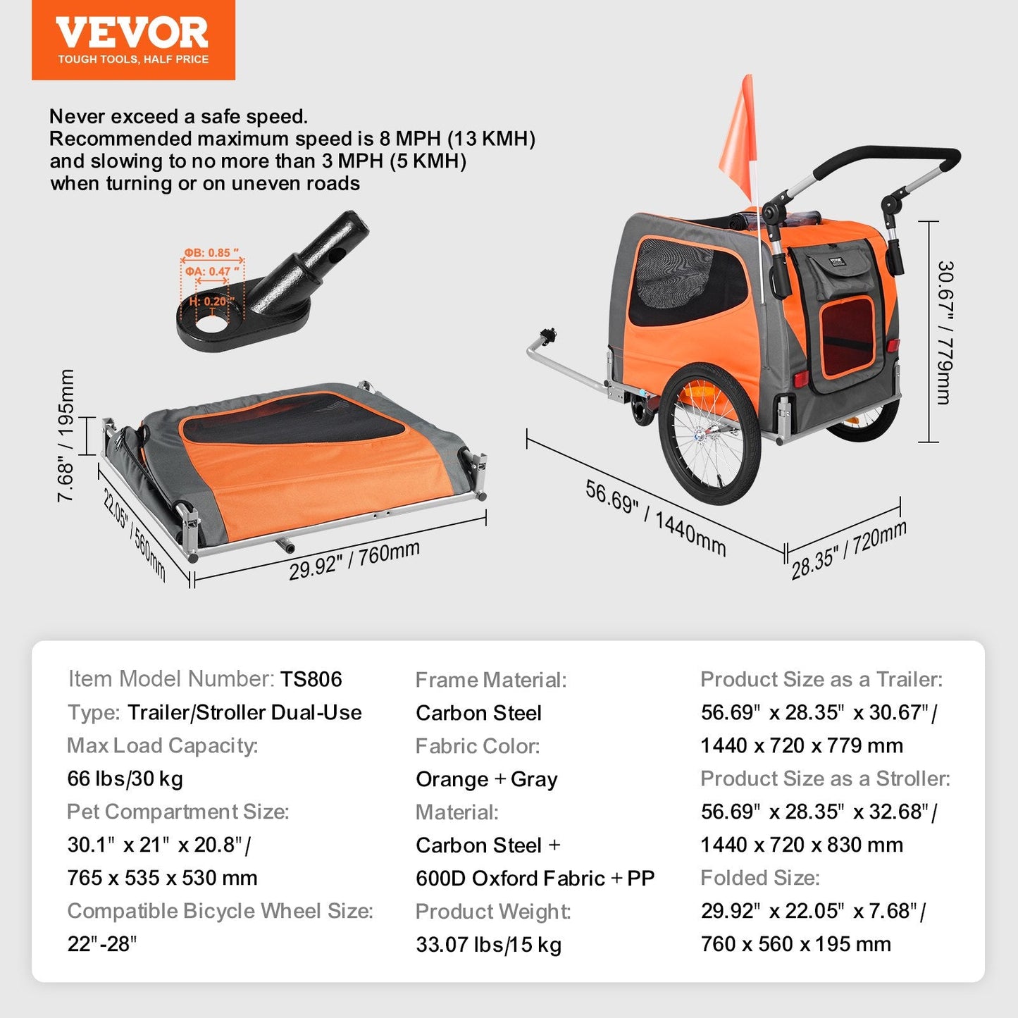 2-in-1 Dog Stroller & Bike Trailer, Carbon Steel, Supports Up to 30 kg, Orange/Gray
