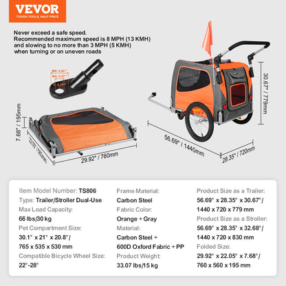 VEVOR Dog Bike Trailer, Supports up to 30 kg, 2-in-1 Pet Stroller Cart Bicycle Carrier,
