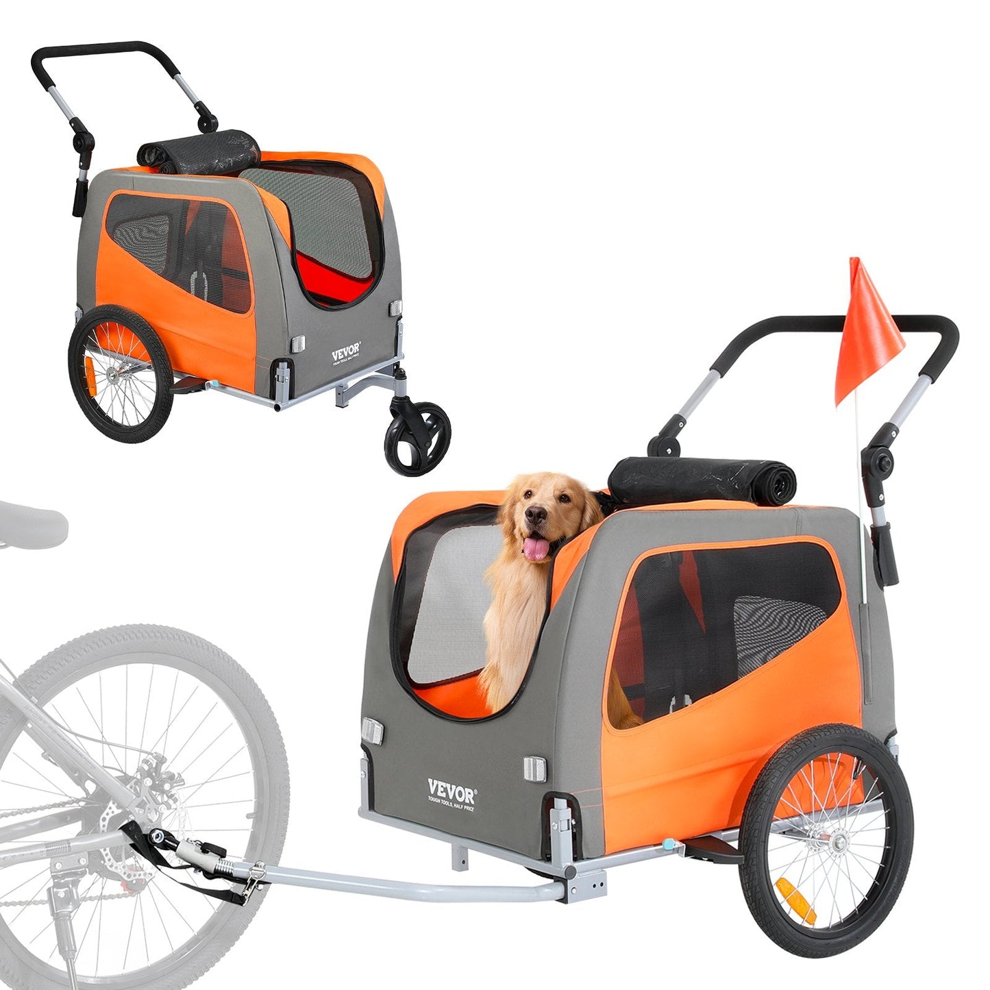 2-in-1 Dog Stroller & Bike Trailer, Carbon Steel, Supports Up to 30 kg, Orange/Gray
