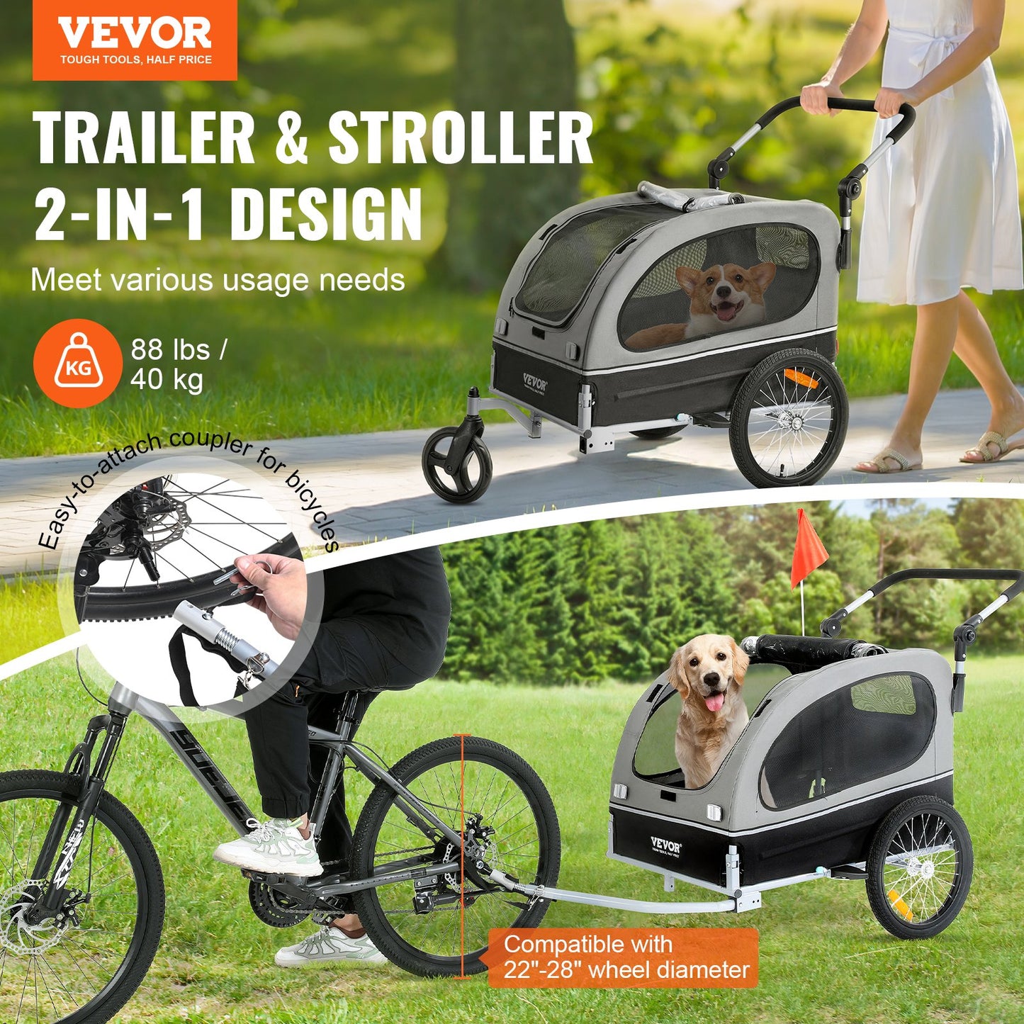 VEVOR Dog Bike Trailer, Supports up to 40 kg, 2-in-1 Pet Stroller Cart Bicycle Carrier,