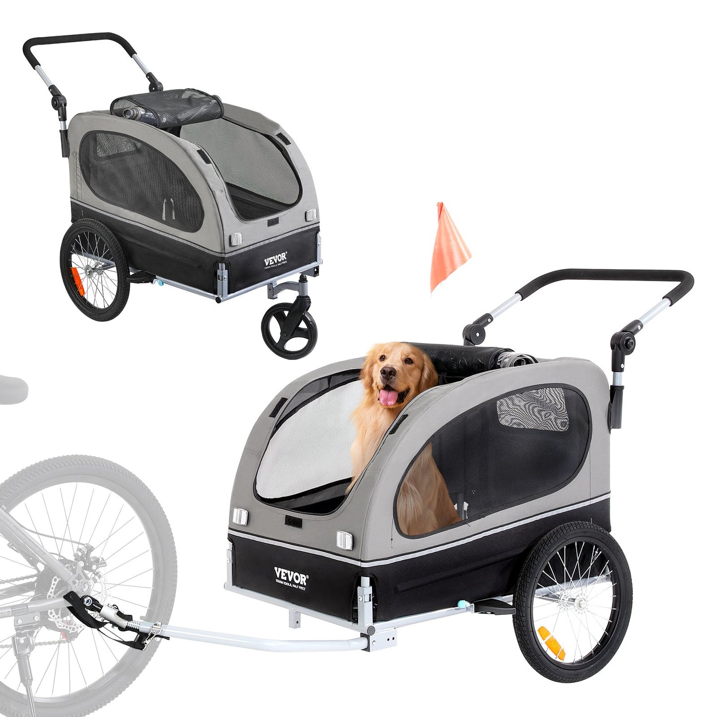 VEVOR Dog Bike Trailer, Supports up to 40 kg, 2-in-1 Pet Stroller Cart Bicycle Carrier,