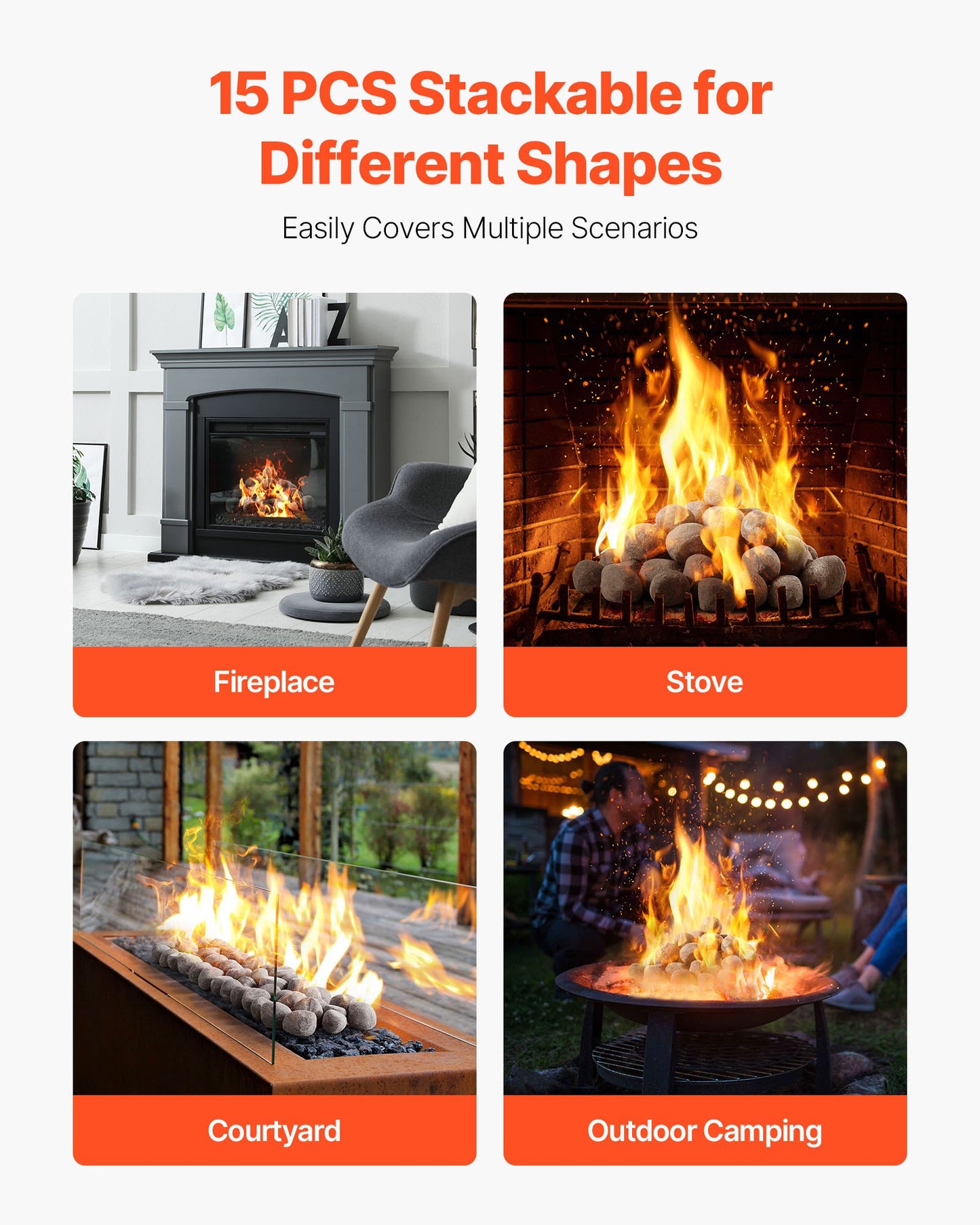 Ceramic Fire Pebble Stones, 25.4-50.8 mm 48 Pcs Lava Rocks, Reusable Fire Pit Stones Indoor and Outdoor Use, Decorative Firepit Rocks for Propane/Gas Fireplace, Stove, Courtyard, Camping