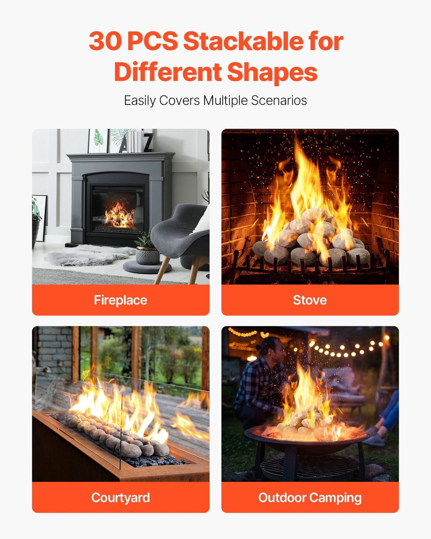 Ceramic Fire Pebble Stones, 50.8-76.2 mm 30 Pcs Lava Rocks, Reusable Fire Pit Stones Indoor and Outdoor Use, Decorative Firepit Rocks for Propane/Gas Fireplace, Stove, Courtyard, Camping