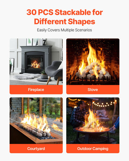 Ceramic Fire Pebble Stones, 50.8-76.2 mm 30 Pcs Lava Rocks, Reusable Fire Pit Stones Indoor and Outdoor Use, Decorative Firepit Rocks for Propane/Gas Fireplace, Stove, Courtyard, Camping