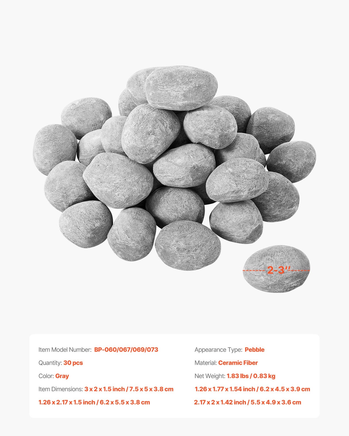 Ceramic Fire Pebble Stones, 50.8-76.2 mm 30 Pcs Lava Rocks, Reusable Fire Pit Stones Indoor and Outdoor Use, Decorative Firepit Rocks for Propane/Gas Fireplace, Stove, Courtyard, Camping